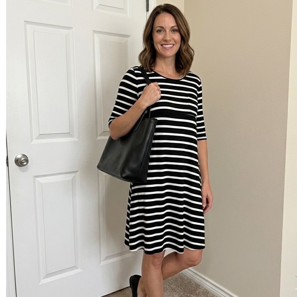 AGB Dress Womens Large Black White Striped 3/4 Sleeve A-Line Pocket Jersey Knit